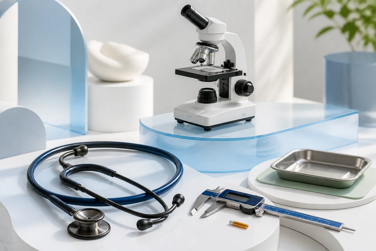Microscope, stethoscope and caliper on blue and white plinths