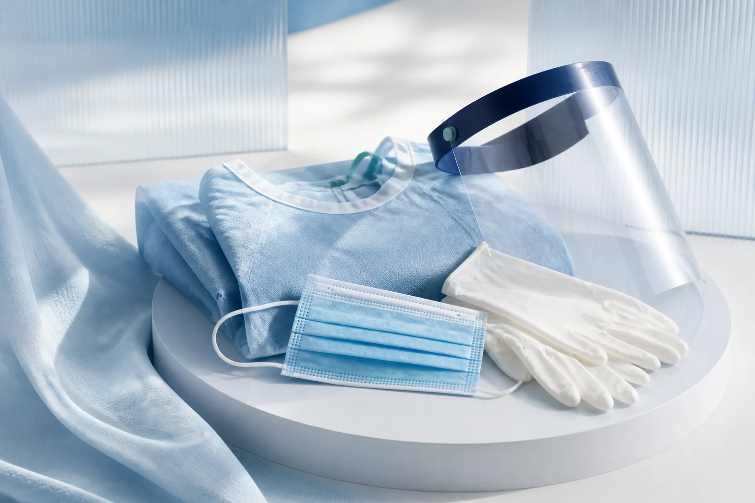 Protective gown, mask, gloves and face shield