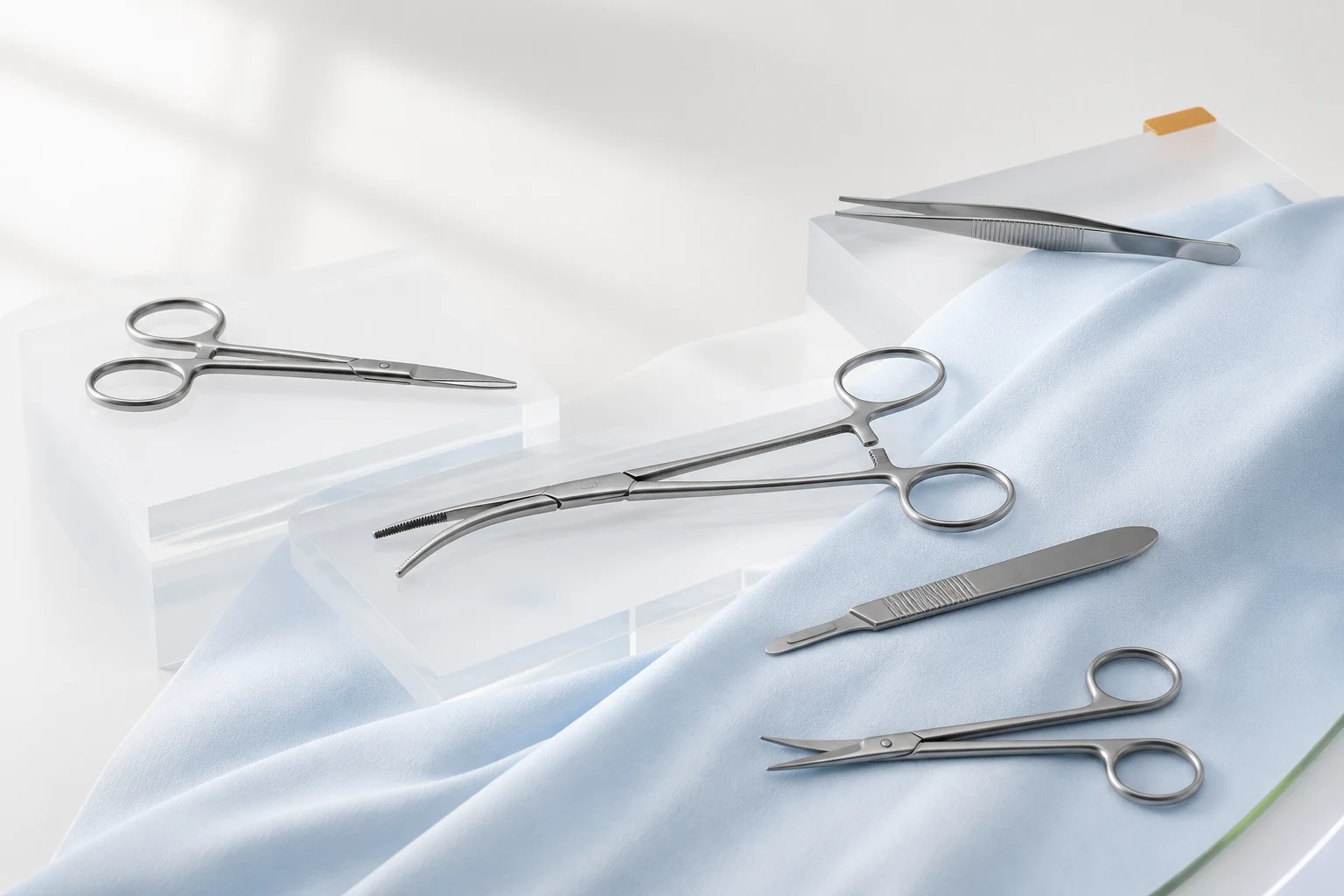 Surgical instruments arranged on pale blue clinical fabric