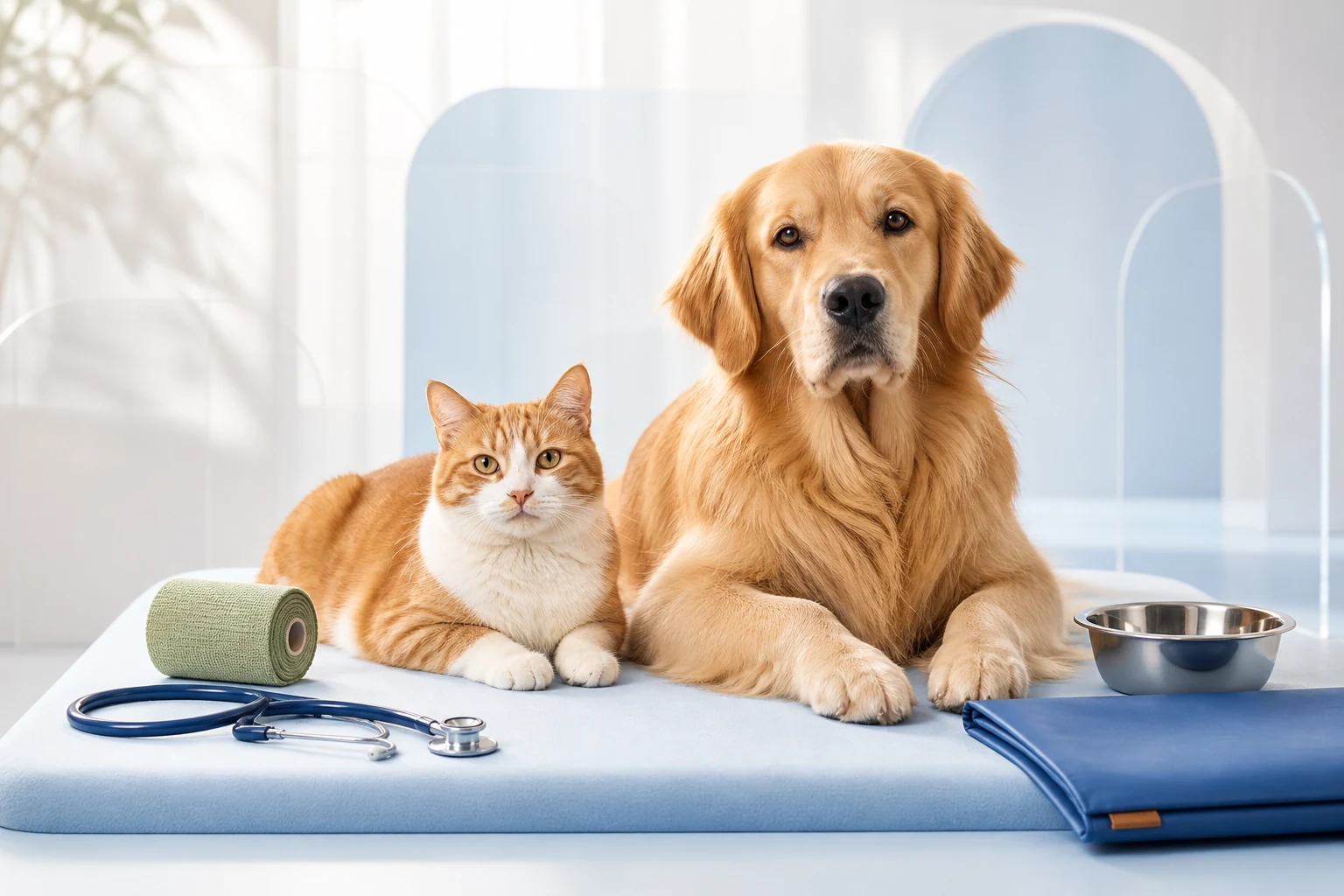 Dog and cat with veterinary care accessories