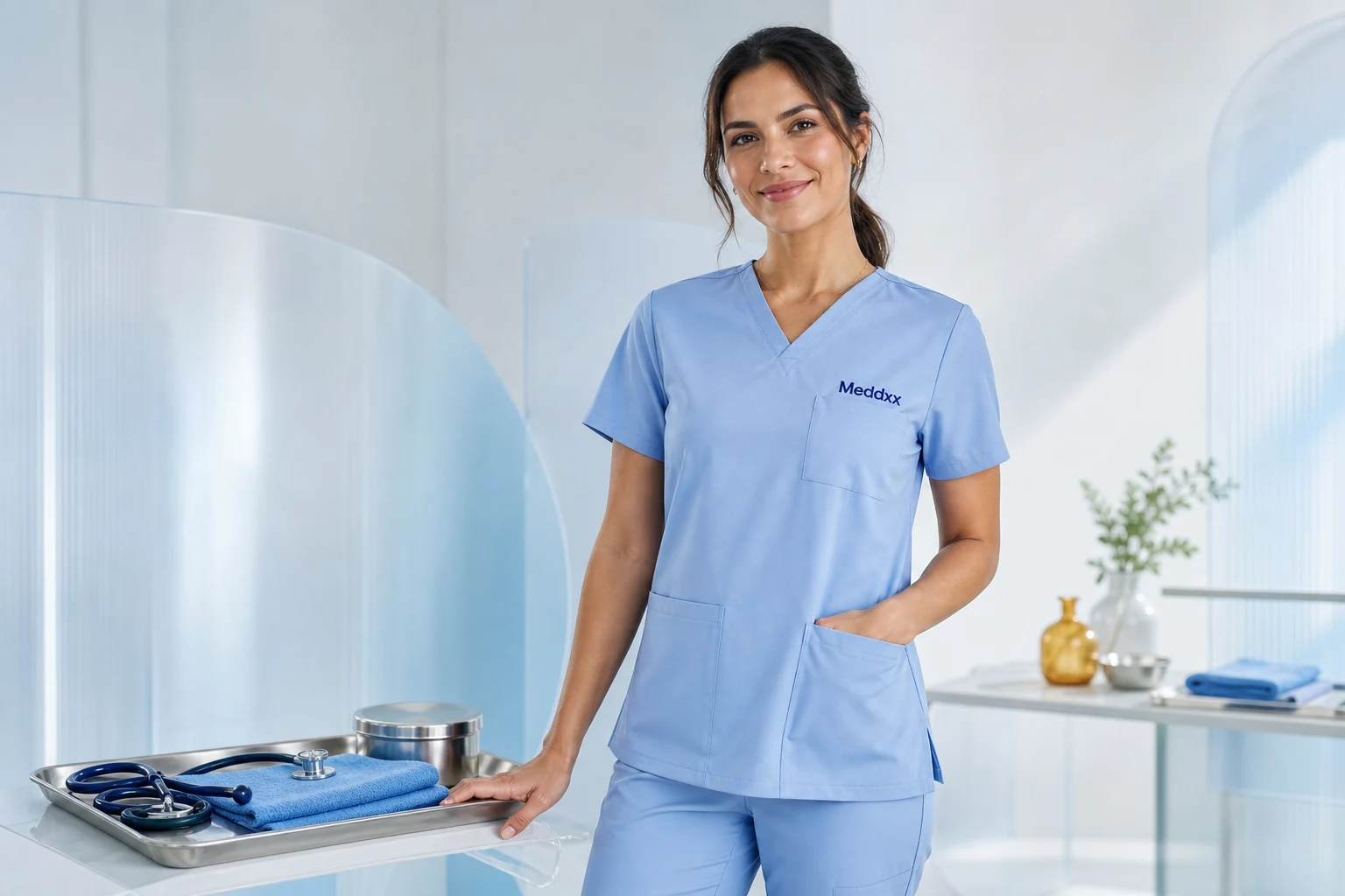 Clinician arranging medical supplies in a bright care setting