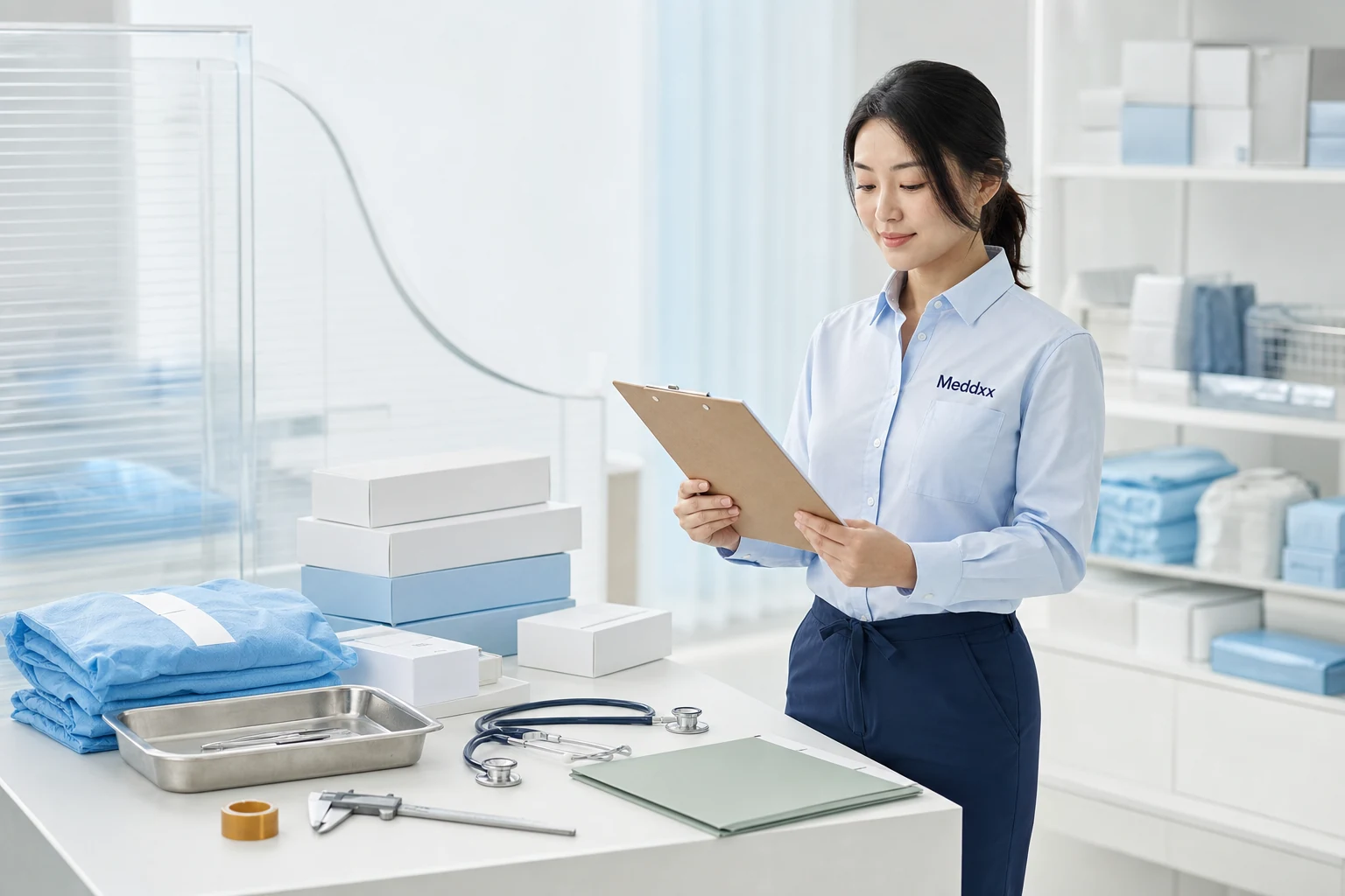 Clinical supply specialist organizing medical supplies in a bright stockroom