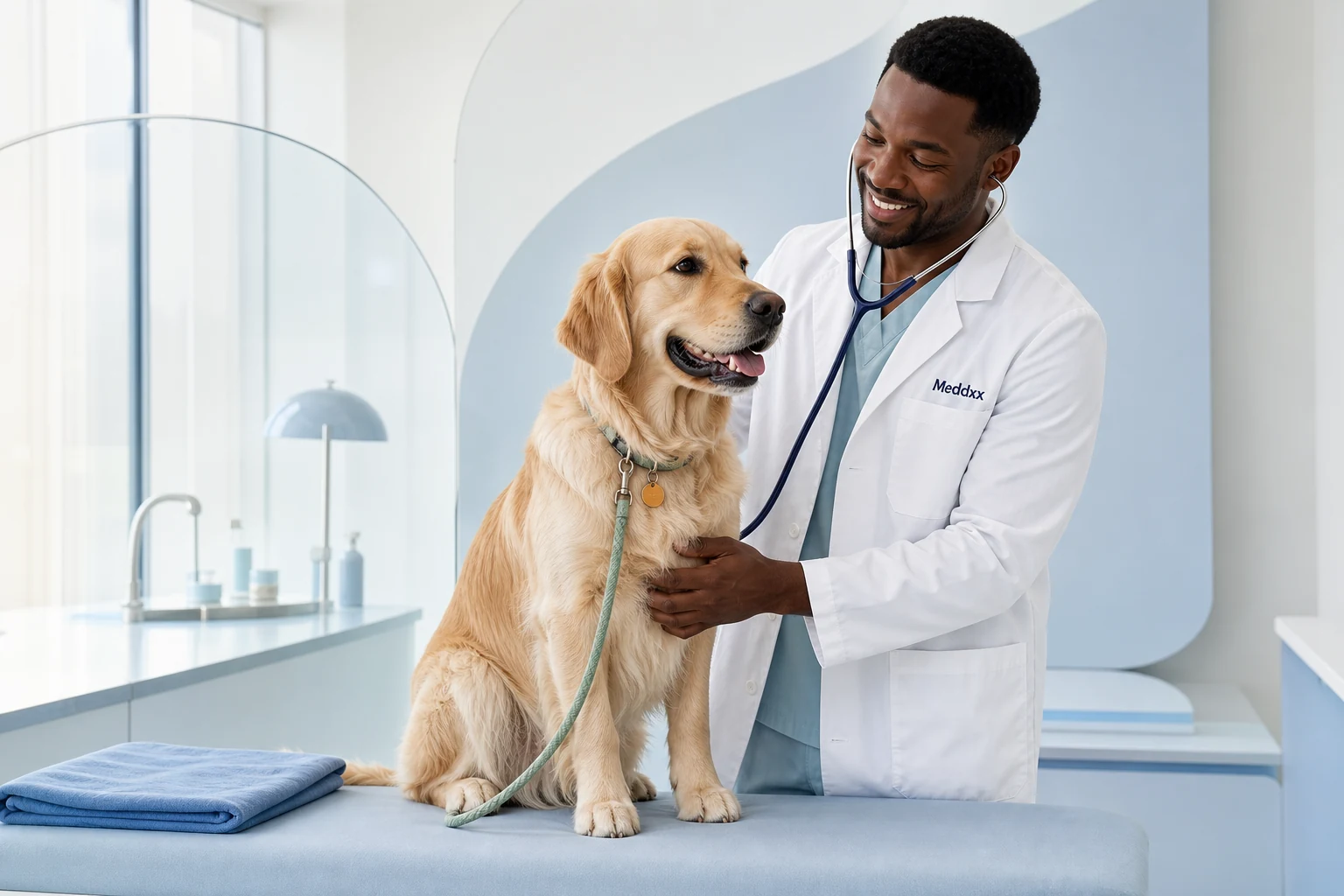 Veterinarian examining a calm dog in a bright, modern care setting.