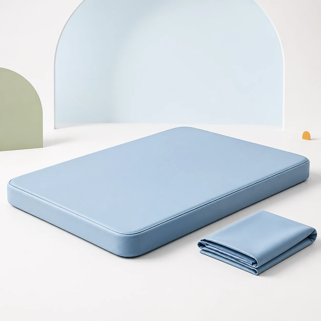 Blue veterinary mattress with folded sage cover